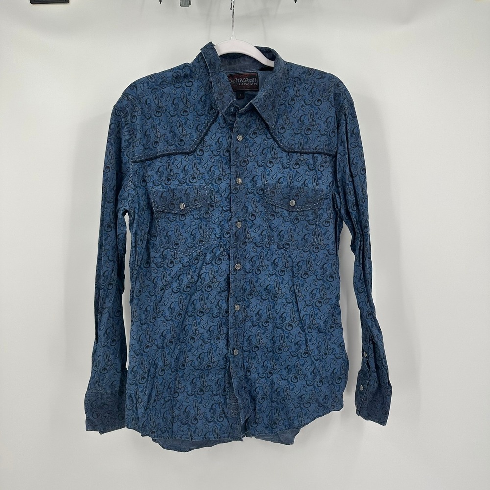 Rock & Roll Cowboy Mens Blue Paisley Western Snap Pearl Shirt Size S Rodeo